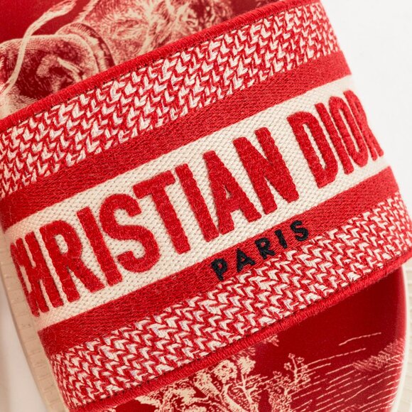 Christian Dior Dway Red Toile du Jouy Flowers Embroidered Slides - Picture 8 of 11